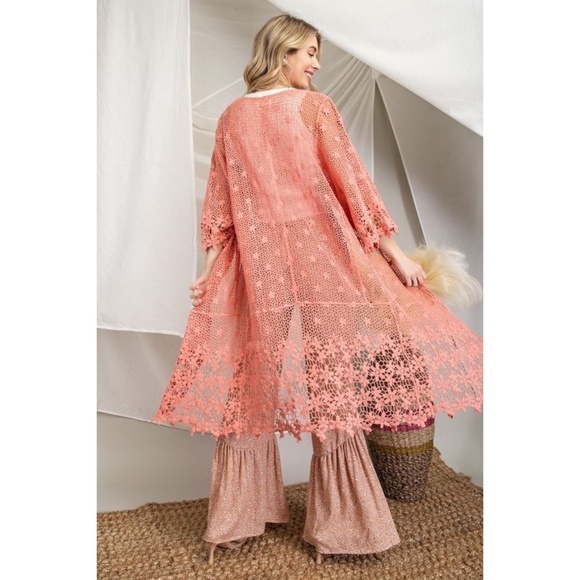 143 Story Coral Floral Crochet Open Front Cardigan - Picture 1 of 5